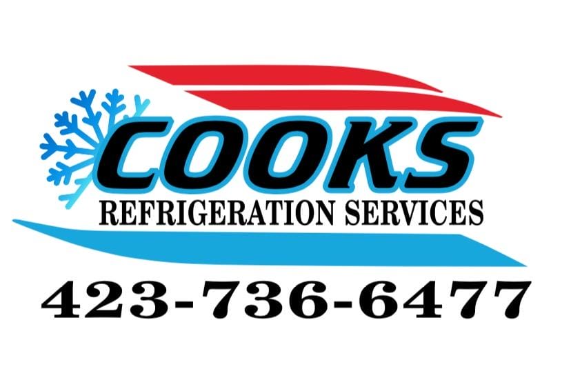 Logo for Cooks Refrigeration Services with blue and red design elements and a snowflake motif. Contains the phone number 423-736-6477.